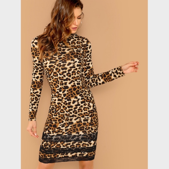 High Neck Leopard Print Lace Trim Pencil Dress - Picture 5 of 8